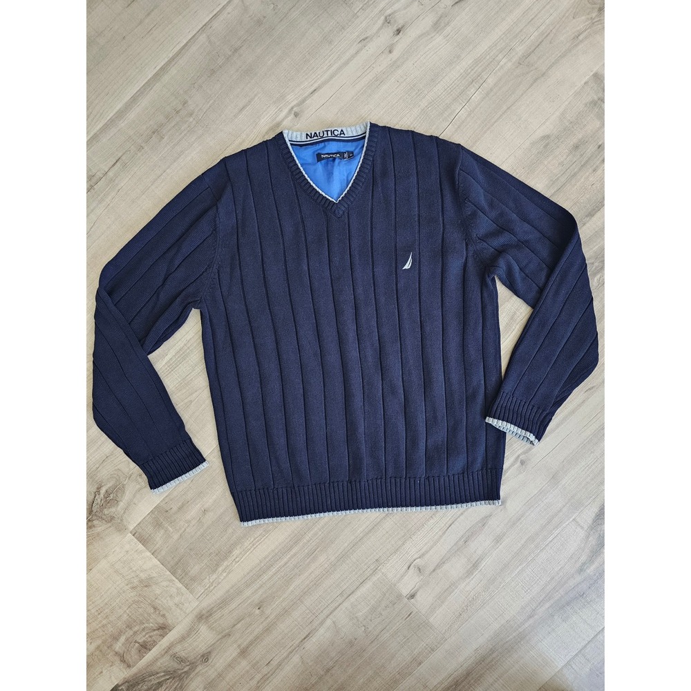 Nautica Mens XL Navy Blue Ribbed V-Neck Cotton Sweater Grey Trim Logo